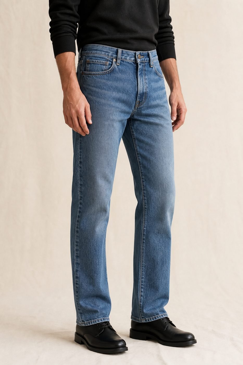Man wearing straight fit mid-wash jeans
