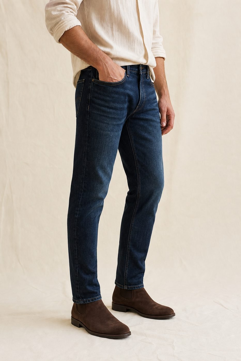 Man wearing tapered fit jeans